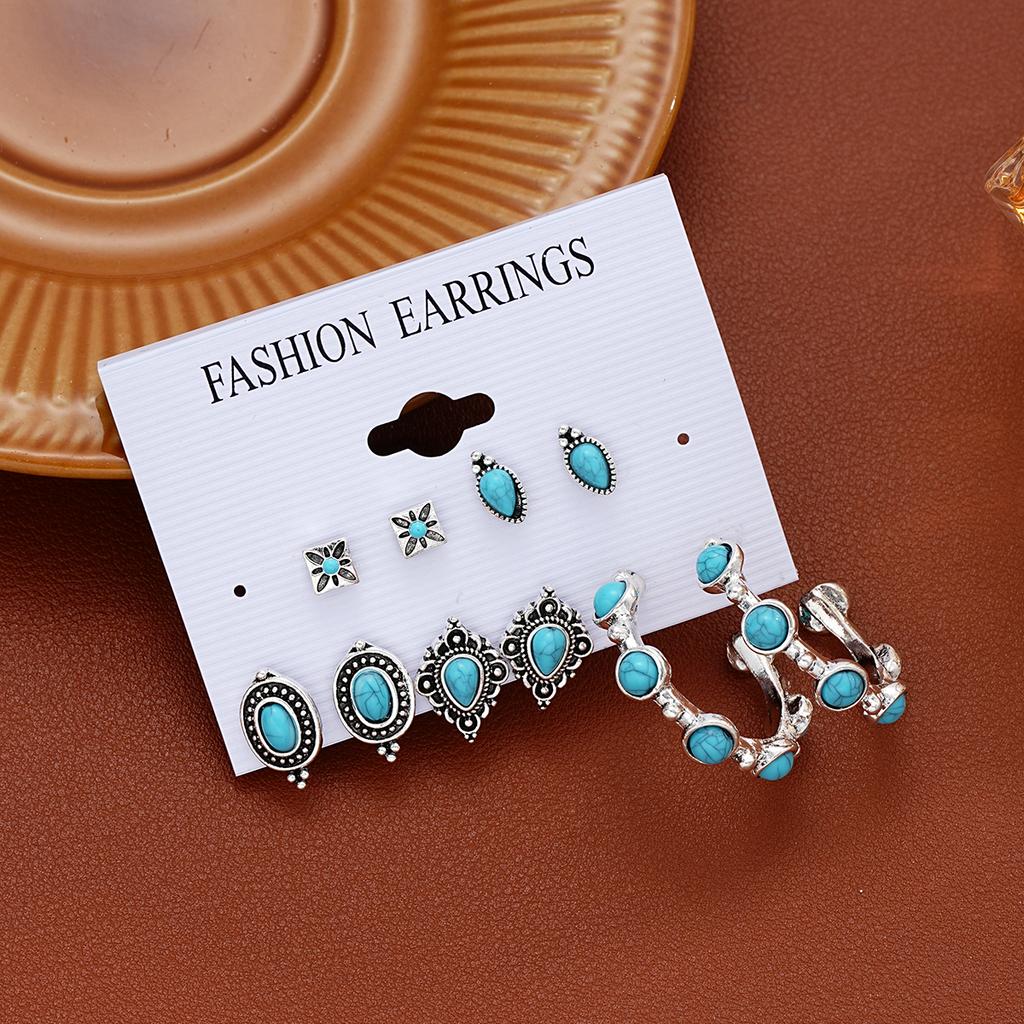 Vintage Turquoise Tibetan Silver Color Earring Sets For Women Boho Ethnic Geometric Heart Shape Leaf Shell Drop Earrings Jewelry