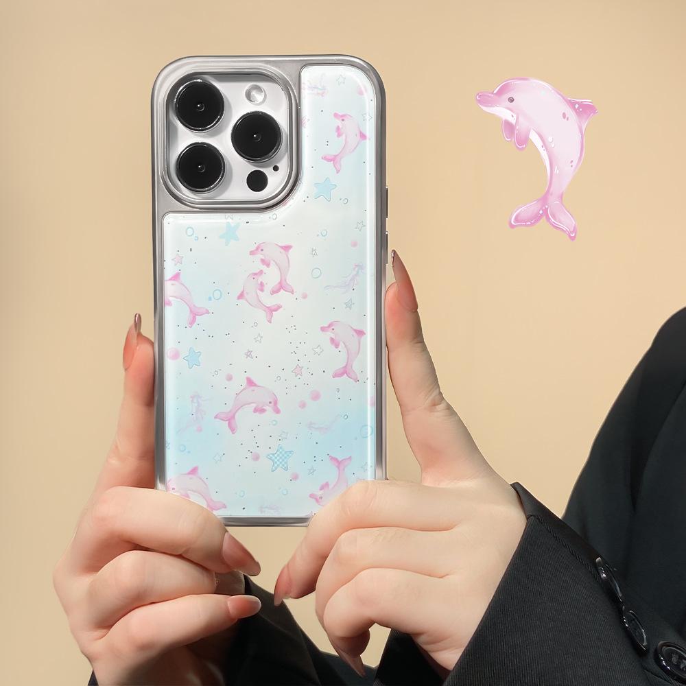 Applicable to iPhone16promax mobile phone case ins wind dolphin electroplating water condensation Apple 14/15pro protective case