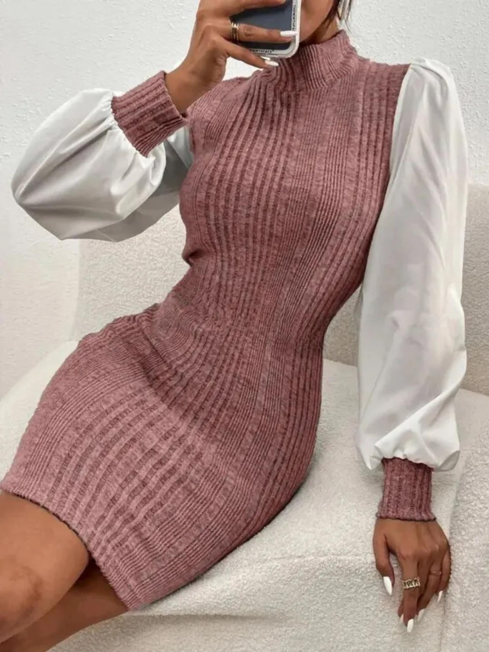 

Женские платья Платье с рукавами «епископ» в рубчик со стойкой XL коричневый