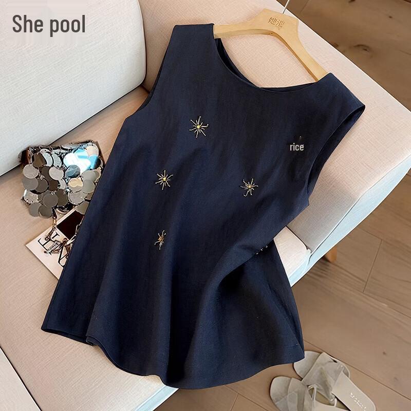 Women s Lyocell Linen Embroidered Round Neck Vest S