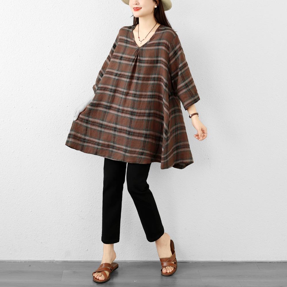 DIMANAF 2026 Summer New Plus Size Women T-Shirts Casual Vintage Print Plaid Blouse Shirts Lady Tops Tees Cotton Oversized