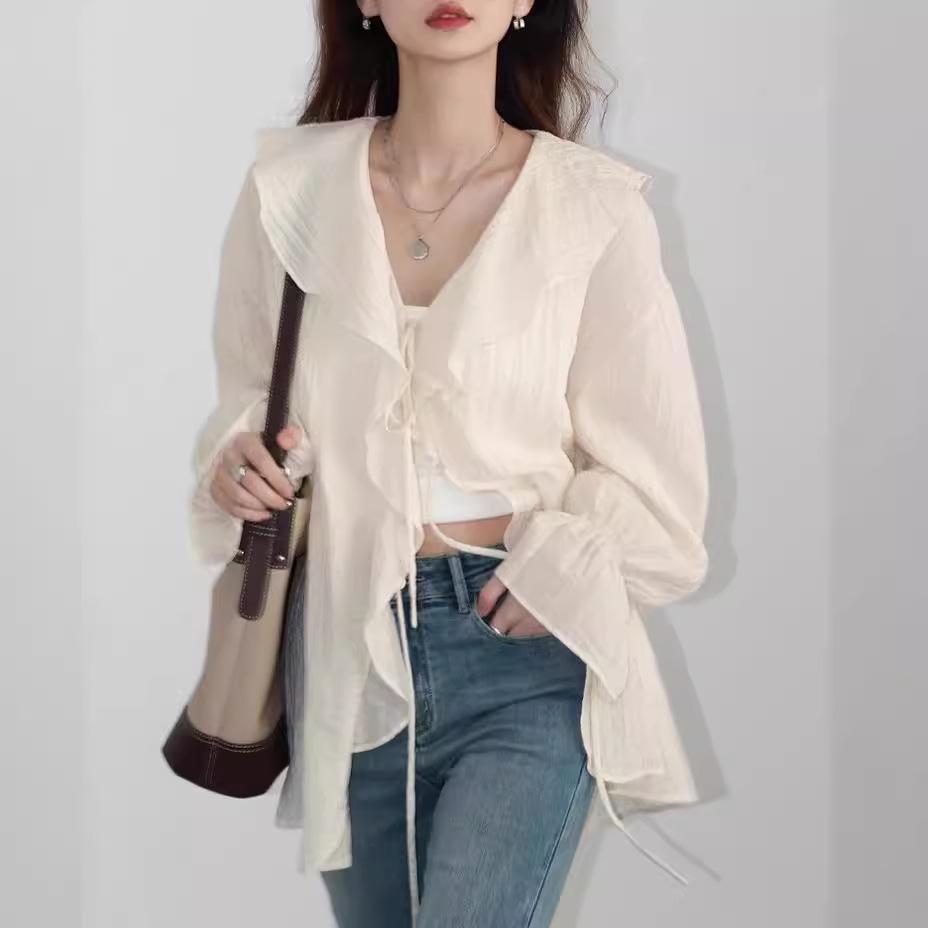 CHICVEN "Visual Space" Tencel Lace-up Ruffle Sleeve Midi Shirt