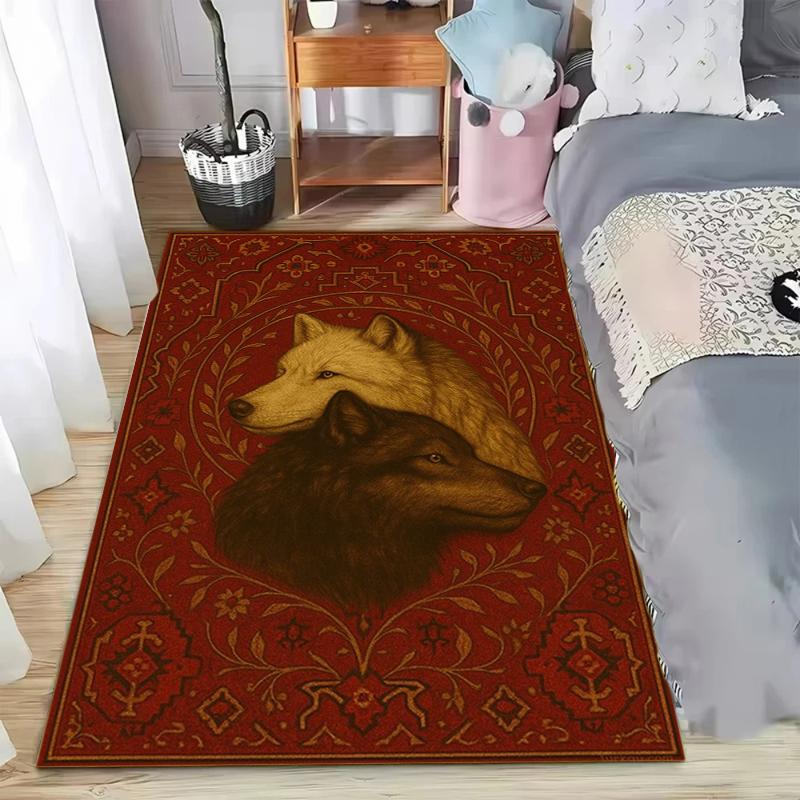 Gothic Dark Rope Heart Two Wolves Area Rug Dark Living Room Carpet Non Slip Floormat for Hallway Entryway Washable Retro Style