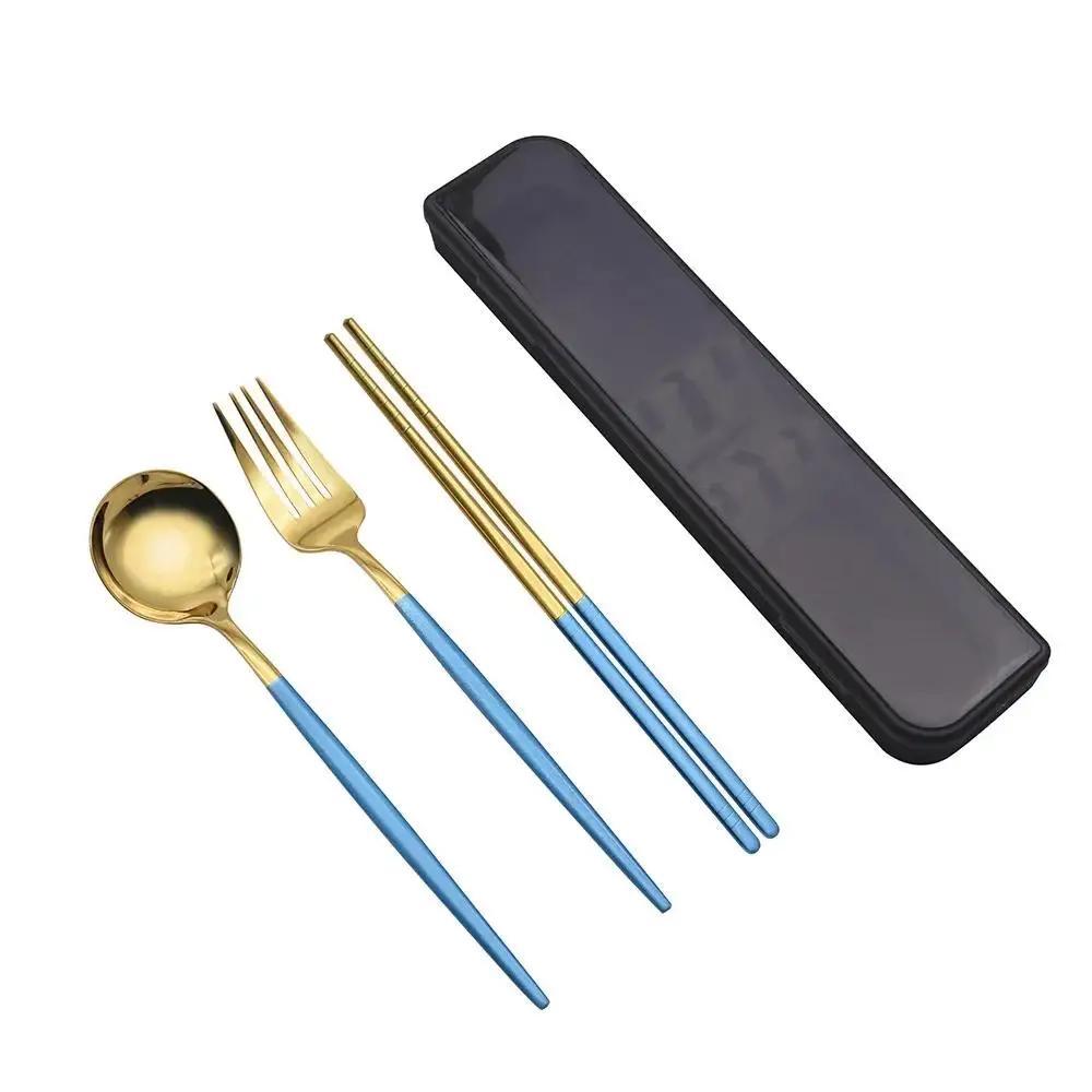 New Spoon Fork Chopsticks Set Storage Box Tableware Coffee Snack Fruit Dessert Portable Spoon Fork Chopstick Set Stainless Steel