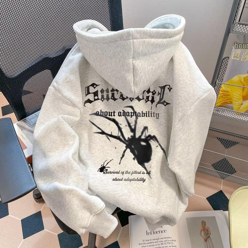 

Men s American Retro Spider Fleece Hoodie - Trendy Autumn/Winter Hip Hop Style. 3209 Gray [Regular]