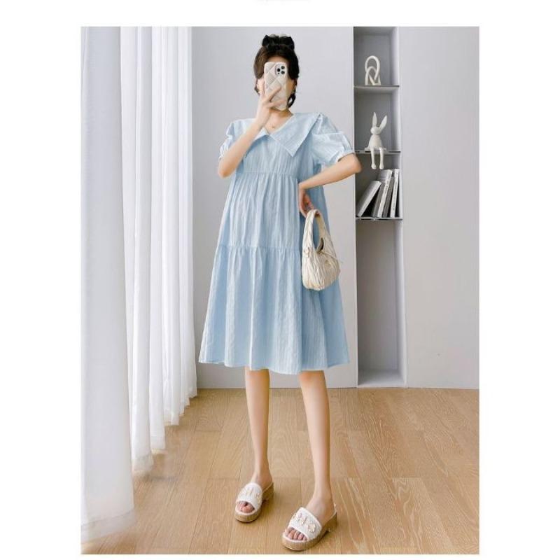 

Одежда для беременных маленькое свежее платье с короткими рукавами и кукольным воротником женское летнее милое платье для уменьшения возраста с прикрытием живота свободное темпераментное платье для беременных 3XL [Recommended 150-90kg] синий