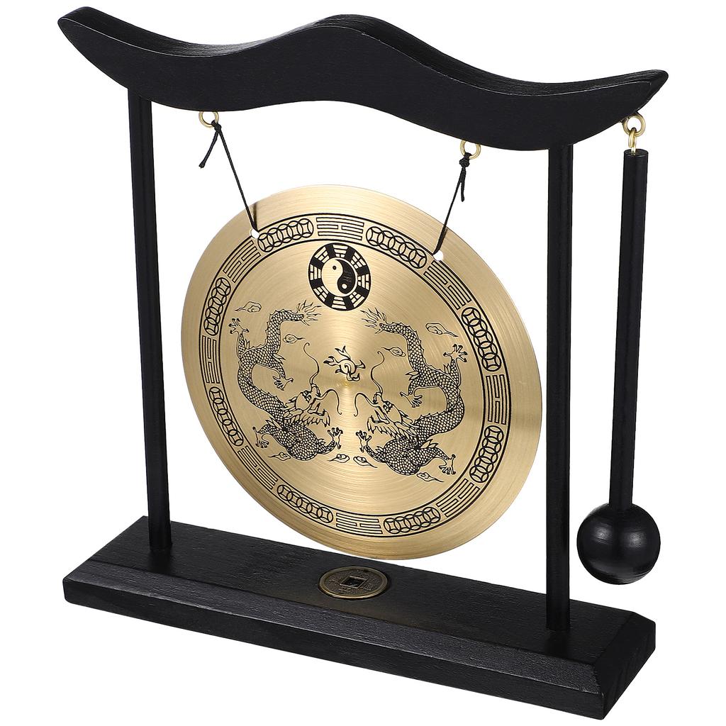Copper Gong With Mallet Sturdy Handicraft Vintage Pattern Brass nament Desktop Figurines Miniatures Chinese