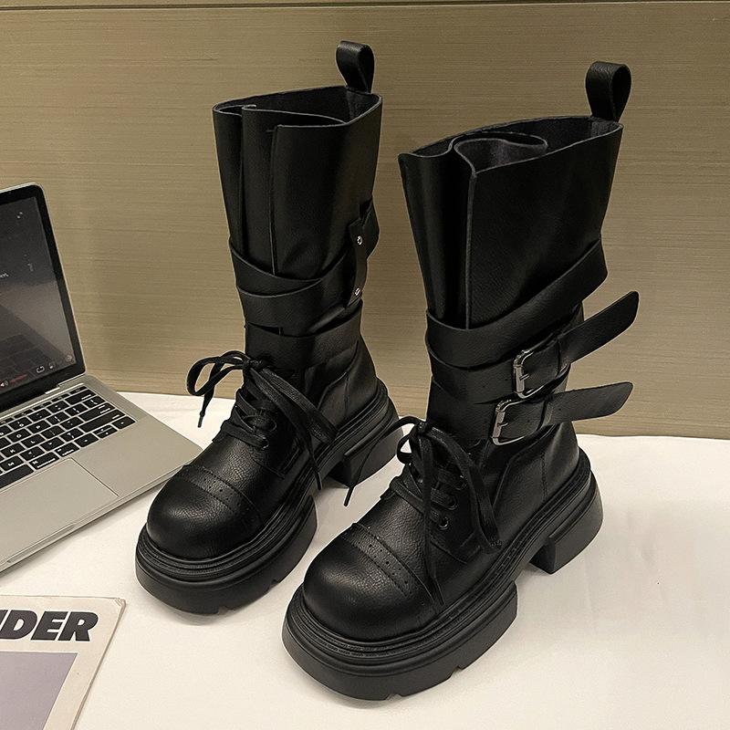 British style thick-soled thick-heeled Martin boots women's summer design sense increases leather boots versatile soft-soled short boots tide