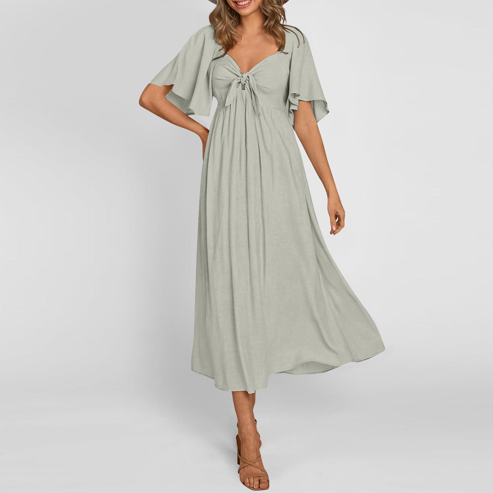 

Женские повседневные платья, струящееся платье миди с короткими рукавами и завязкой с V-образным вырезом. Женское летнее платье макси с короткими рукавами и V-образным вырезом. XL