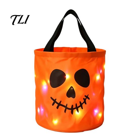 Toddler Halloween Candy Holders Glowing Pumpkin Bag LED Light Up Trick or Treat Bucket Fabric Gift Packaging for Kids Reusable Waterproof Oxford Tote
