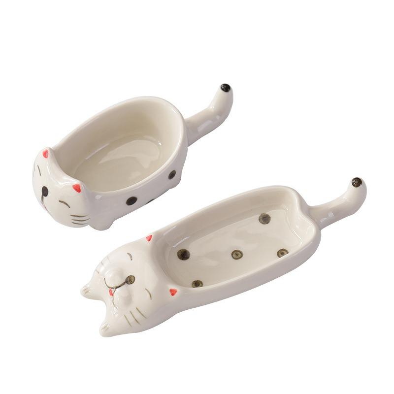 Japanese-Style Ceramic Taste Plate Creative Household Cute Cat Multi-Functional Seasoning Plate Chopstick Bracket Snack Dipping Plate