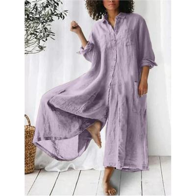 Combinaison décontractée à manches longues pour femme, pantalon, couleur unie, tempérament, boutons, milieu de ventre, vêtements