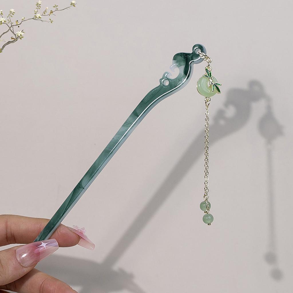 Ancient Chinese Style Hairpins Gradient Green Color Resin Hair Sticks Forks Chain Tassel Pendant Headpieces Hair Bun Maker