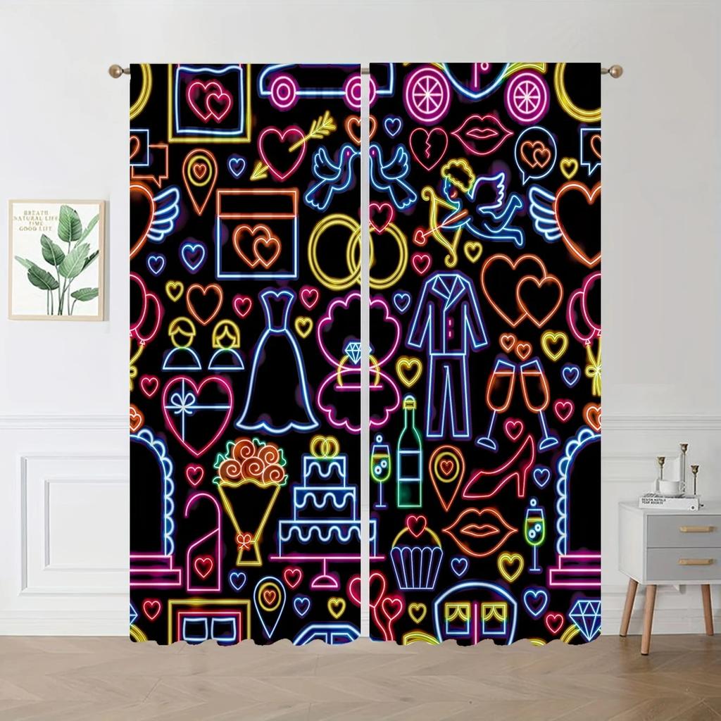 Colorful Heart Lip Printing Curtain Rod Pocket Window Treatment for Bedroom Office Kitchen Living Room Study Home Decor 2pcs