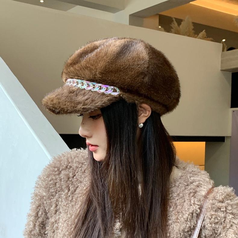 Autumn and Winter Beret Cap Women's Imitation Mink Hair Thermal Ear Protection Hat Versatile Casual Retro Octagonal Hat Painter Hat