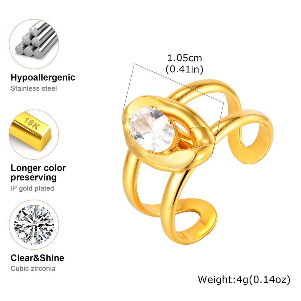 Fashion Shiny Zircon Geometric Line Open Rings for Women, High Quality Stainless Steel Ring, Gold Plated Luxury Finger Jewelry