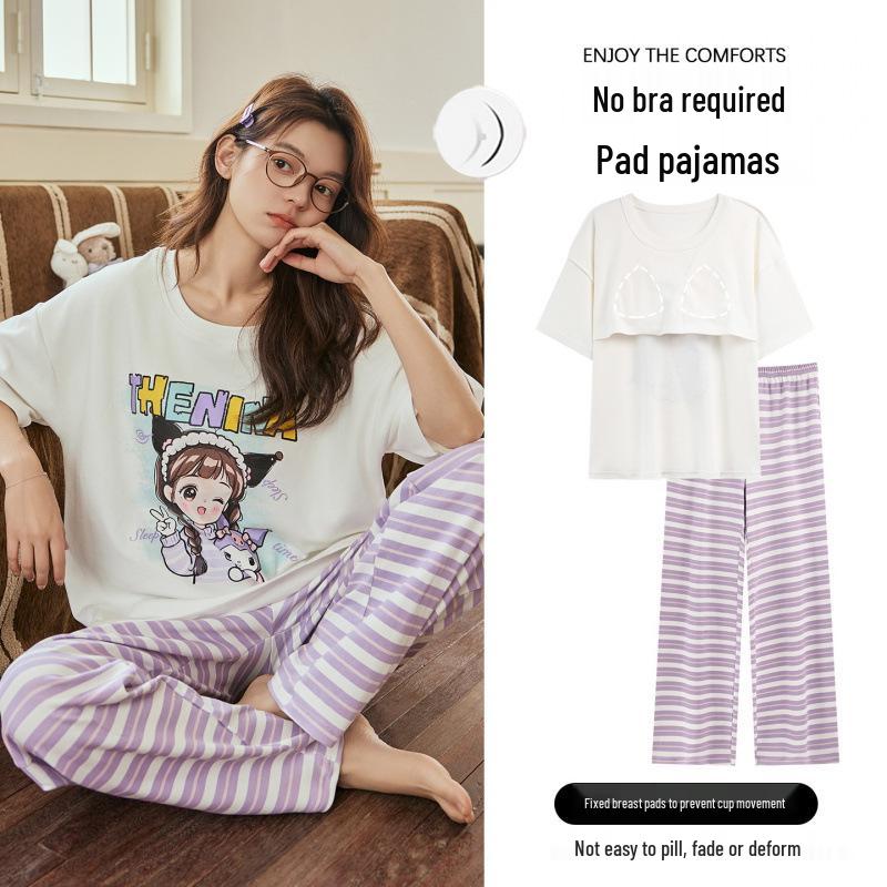 Summer Cotton Pajama Set for Women: Short Sleeve, Long Pants, Cute Design for Teens, Perfect for Spring and Summer.