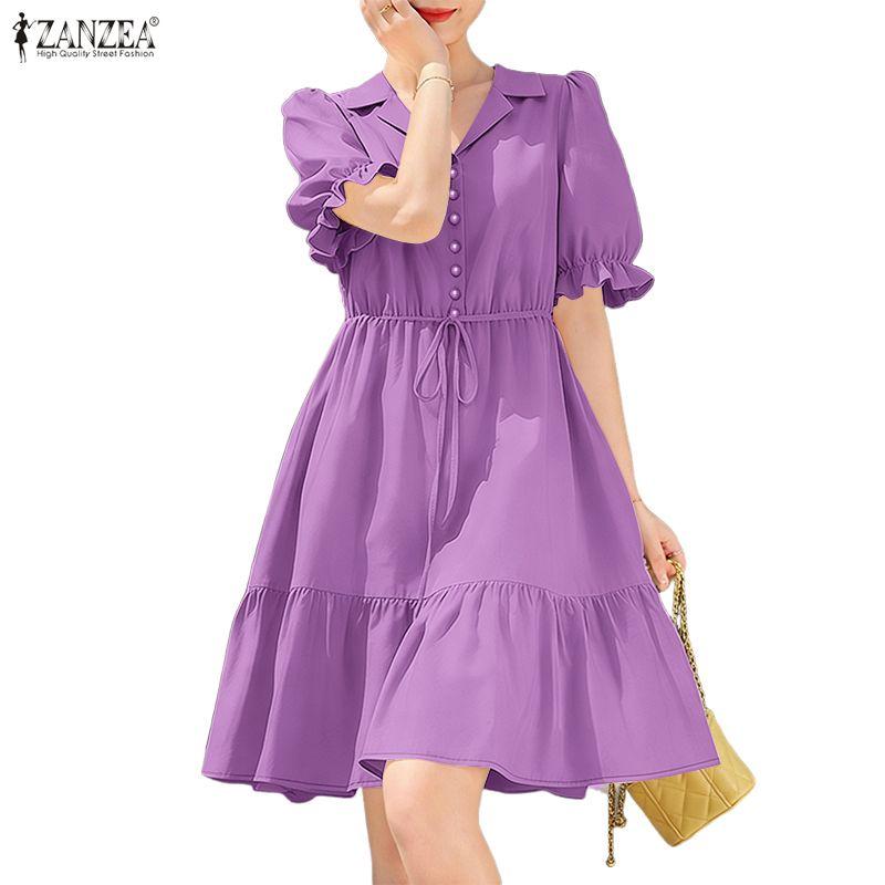 ZANZEA Women Casual Turn Down Collar Summer Short Sleeve Dress
