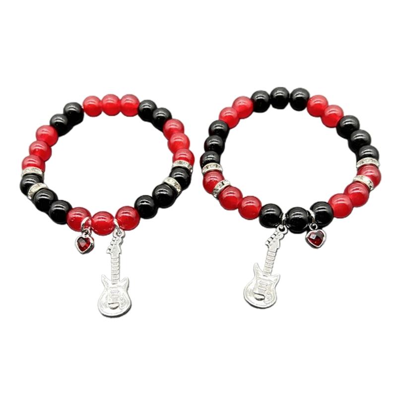 Black Red White Beaded Bracelets with Bat Cat Rose/Guitar Heart Pendant Wrist Chain Bracelet Unique Gifts for Couples