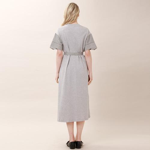 Bunderghost Striped Color Block Asymmetrical Short Sleeve Long Dress (Gray)
