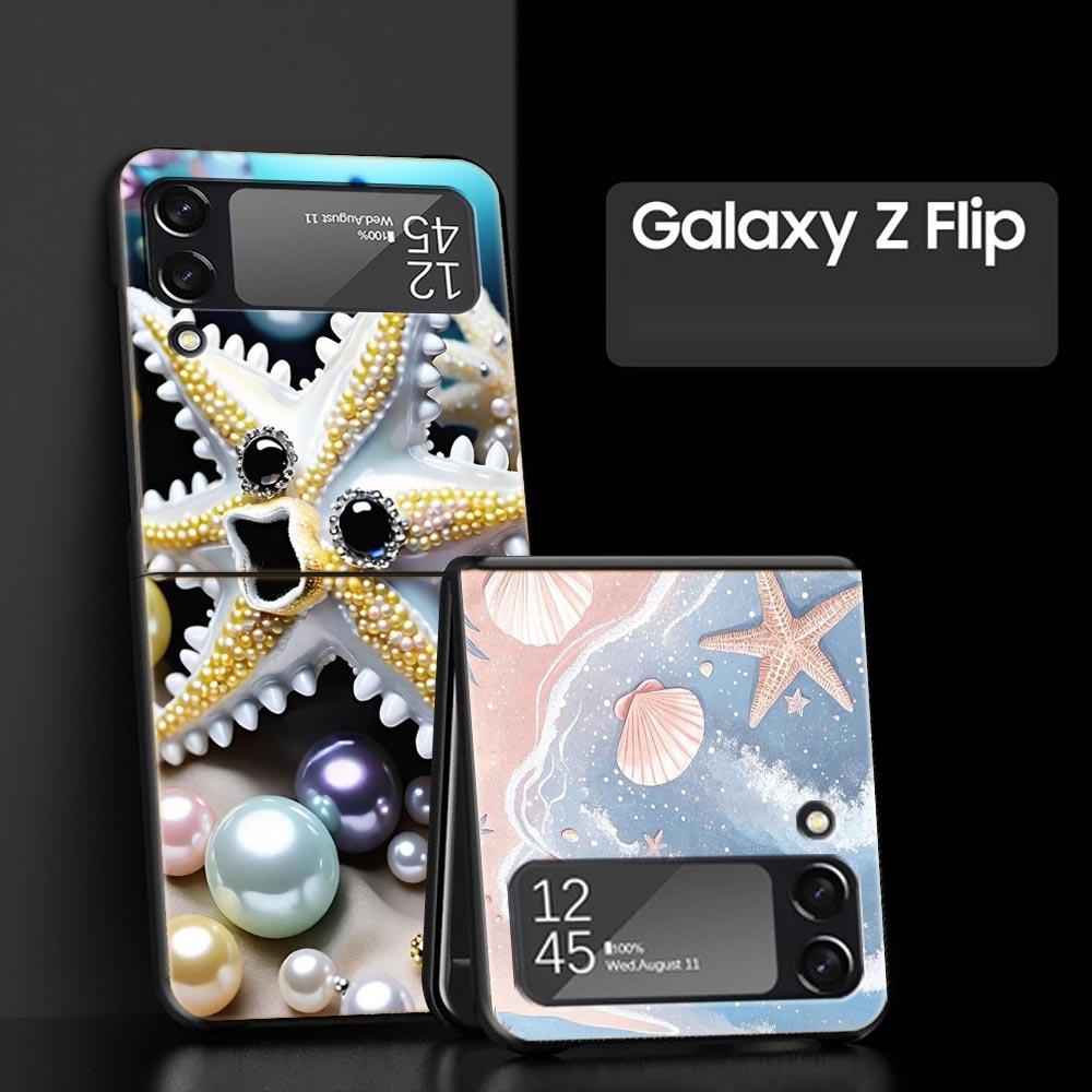 Ocean Coastal Seashell Seaweed Pattern Hard PC Phone Case For Samsung Galaxy Z Flip 7 6 5 4 Black Cover For Galaxy Z Flip3 Shell