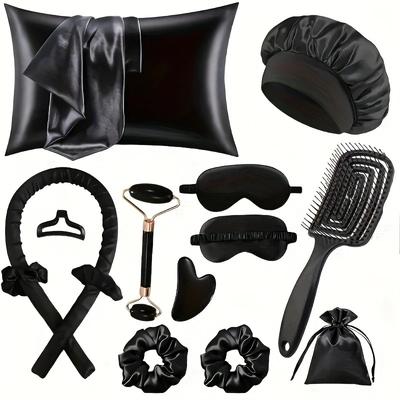 4/6/13-teiliges Styling-Set - Hitzefreier Seiden-Lockenwickler mit Schlafmaske und Duschhaube für Frauen und Mädchen Beauty-Set für Reisen und Zuhause