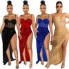 European & American Spaghetti Strap Sequin Mesh See-Through Irregular Slit Dress for Women