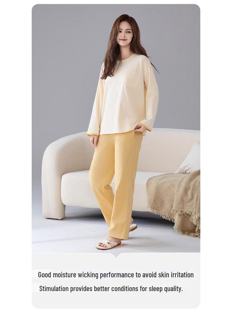 Women's Pure Cotton Pajamas with Chest Pad - Long Sleeve, Plus Size, for Autumn/Winter. Wearable Outdoors, Loose Fit Homewear.
