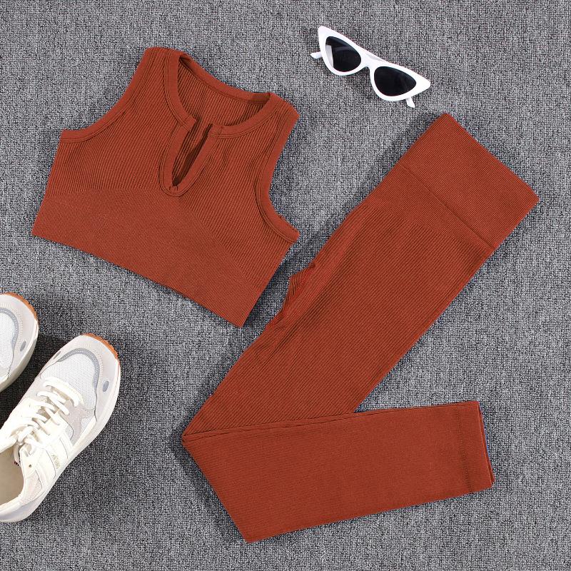 

Топ для спортзала, женский комплект с U-образным вырезом, женские комплекты из 2 предметов, бесшовные полосатые спортивные леггинсы с эффектом пуш-ап, повседневные леггинсы, топ, 2 шт. M кирпич красный