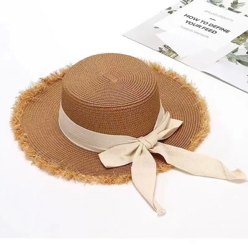 100.00kg Plus Size Women's Big Brim Grass Bows Hand-Woven Seaside Beach Hat Sun-Proof Face Cover Sun-Shade Straw Hat
