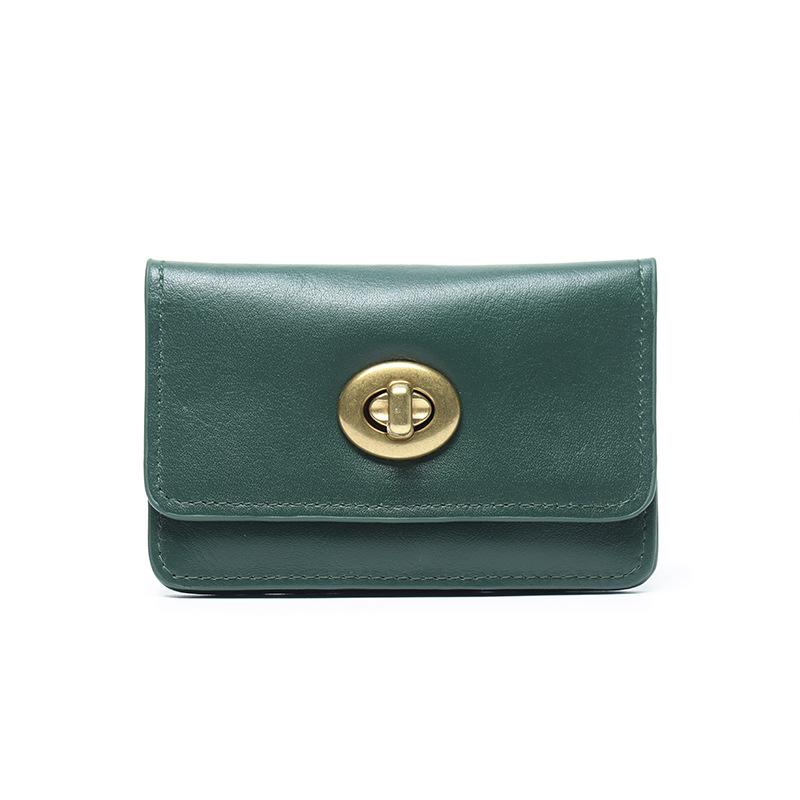 

Первый слой коровьей кожи, новый такой же популярный кожаный чехол для карточек, маленький кошелек, однотонный замок, ретро-хранилище помады зелёный