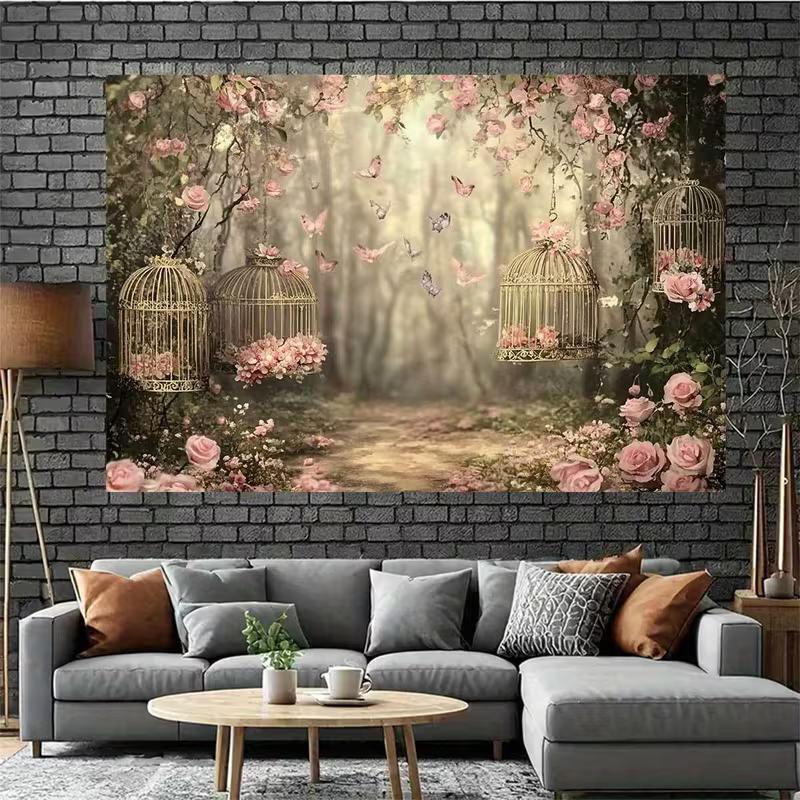2D Pink Rose Forest Backdrop with Birdcages and Butterflies Background Cloth