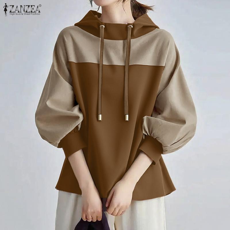 ZANZEA Women Hooded Collar Casual Long Sleeve Patchwork Hoodies Blouse