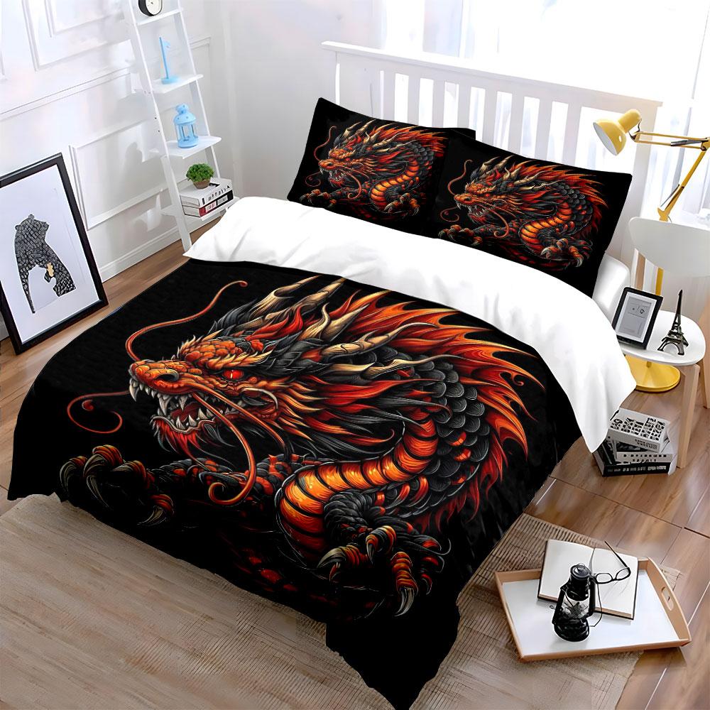 Chinese Red Fire Oriental Dragon Duvet Cover Set Black Traditional Tattoo Bedding Includes 1 Duvet Cover And 2 PillowcaseGift
