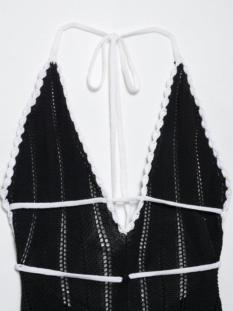 Rochie de primăvară 2025 pentru femei, stil european și american, bloc de culoare, decolteu adânc în V, fără spate, cu șireturi, semi-transparentă