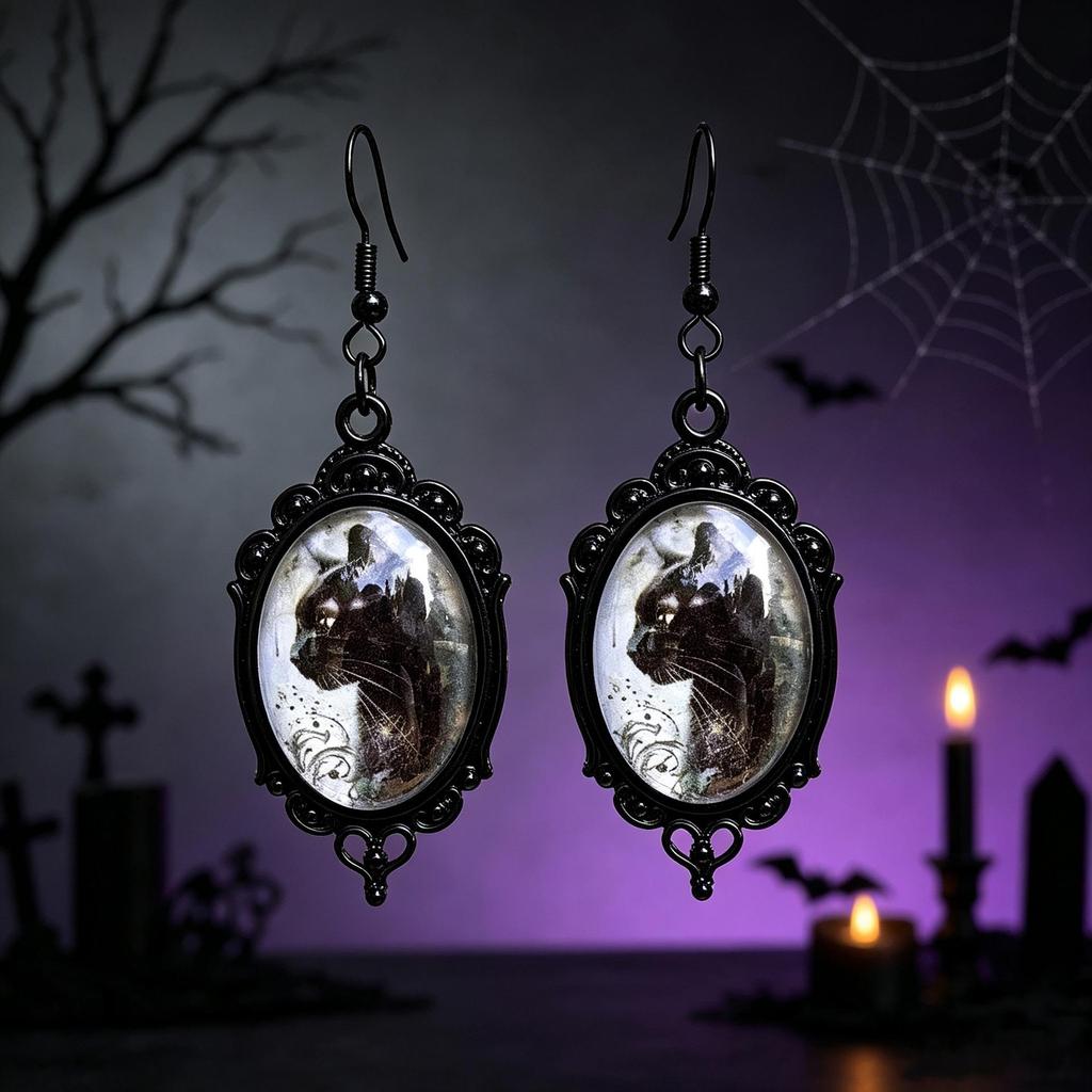 Gothic Black Cat Time Gem Earrings - Halloween Pendant Accessories