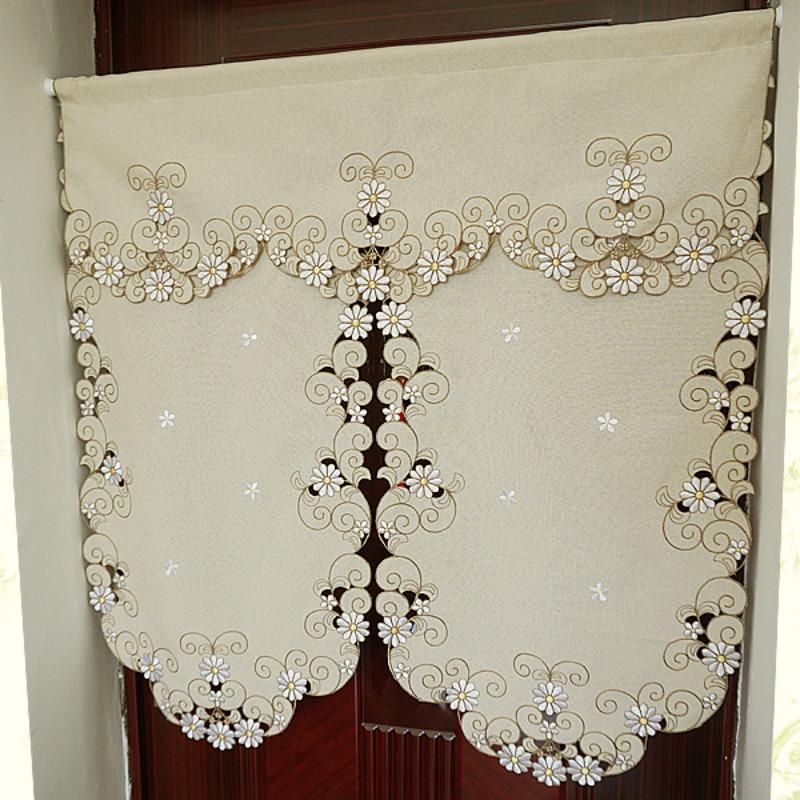 Rideau Court Kaki Clair Tissu Brodé Rideau de Porte Marguerite Rideau Élégant pour Chambre Salon Salle de Bain Cuisine, Sans Tringle, 1 pièce