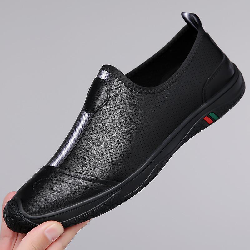 Men's Shoes 2025 Summer New Breathable Thin Hollow Hole Shoes Black Leather One-pedal Lazy Casual Leather Shoes