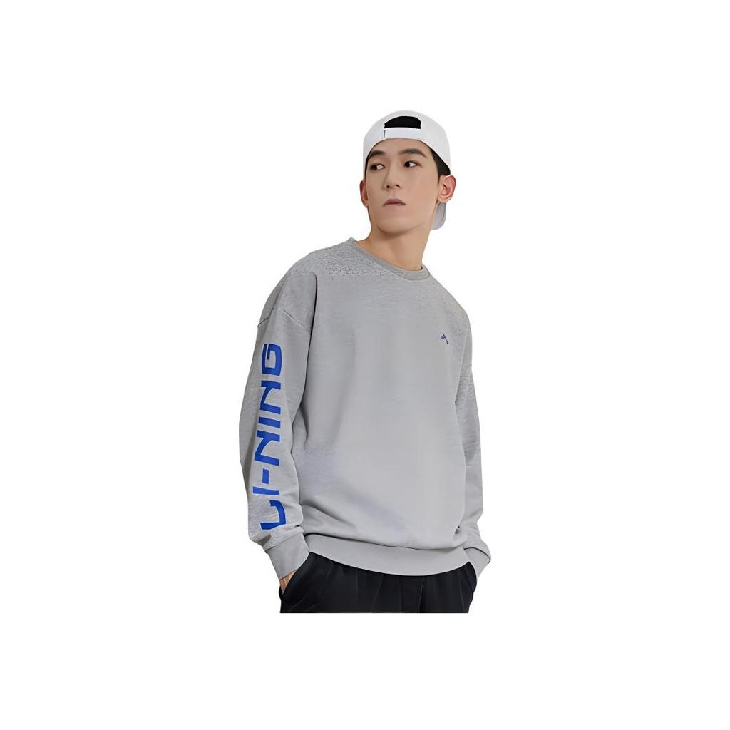 Li Ning Training Series Logo Print Warm Fleece Loose Pullover Sweatshirt Unisex Sweatshirt Gray AWDRF44-5