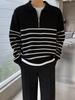 Men's Retro Korean Style Striped Half-Zip Sweater with Lapel