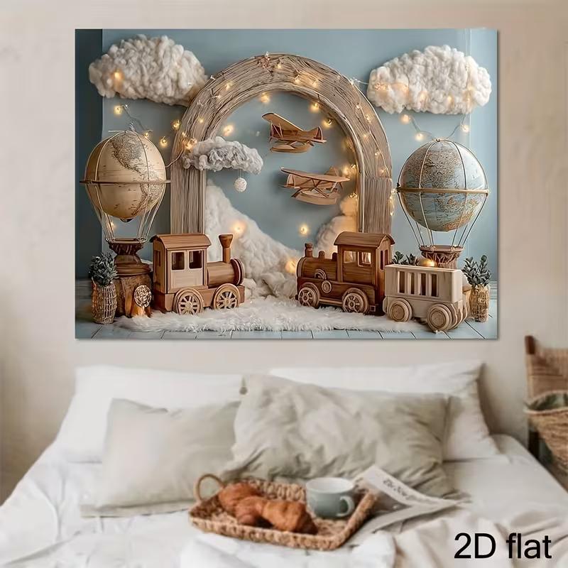 2D Flat Neutral Adventure Theme Backdrop Train Plane Travel Kids Photo Background