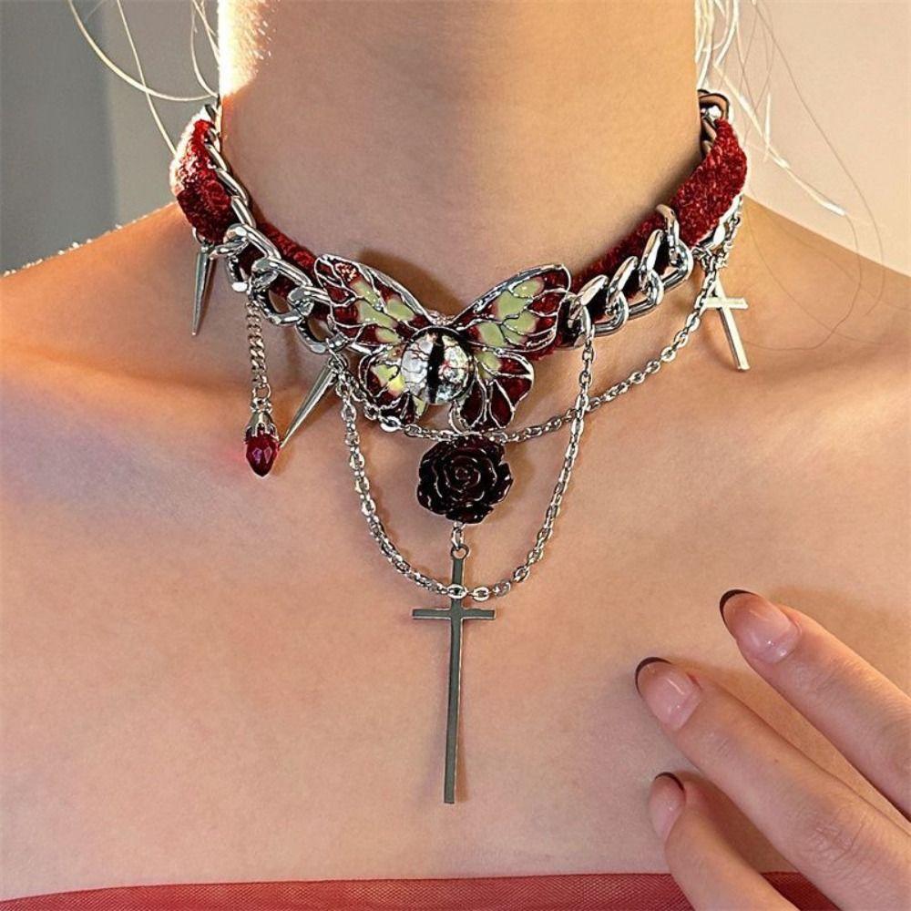 Eyes Y2K Velvet Necklace Gothic Style Tassel Beaded Necklace Vintage Butterfly Rose Choker Club