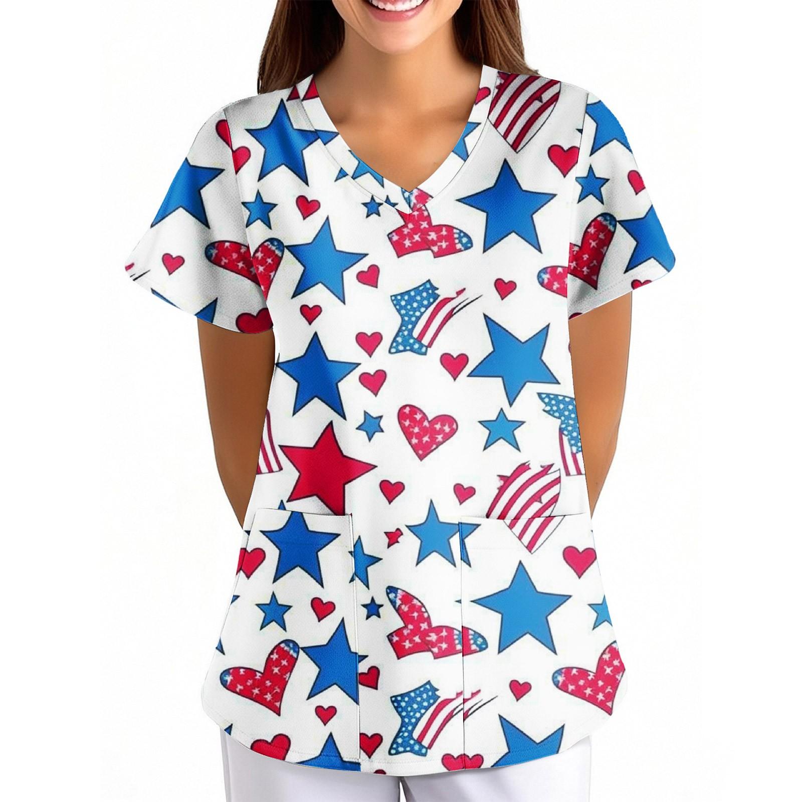 

Женская униформа с принтом Дня независимости, свободная, с V-образным вырезом, карманом и коротким рукавом