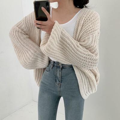 Women Sweater Coat V-Neck Lantern Long Sleeve Open Stitch Knitting Coat Solid Color Casual Knitwear Daily Wear