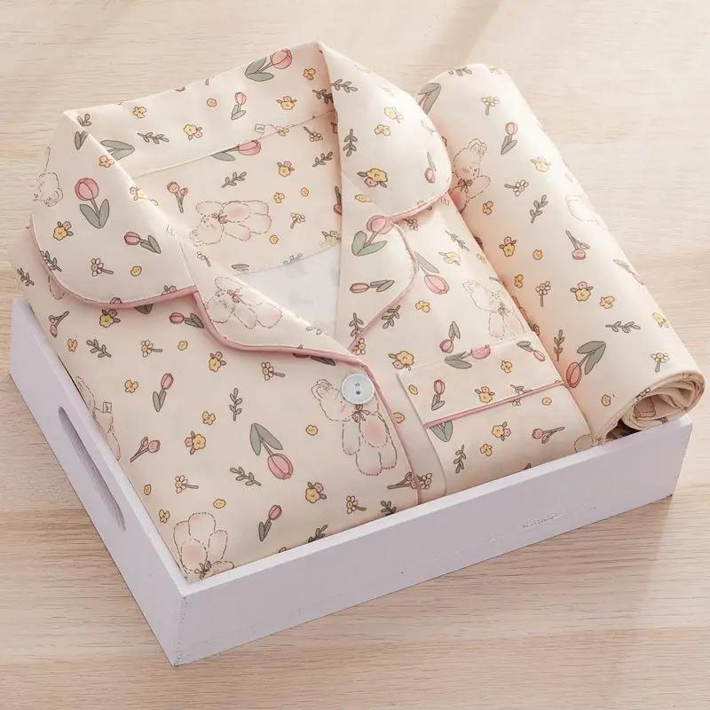 

Женский пижамный комплект с принтом, брюки с длинными рукавами, студенческая милая домашняя одежда, двухкомпонентный кардиган с лацканами, модная женская одежда M(35-45kg)