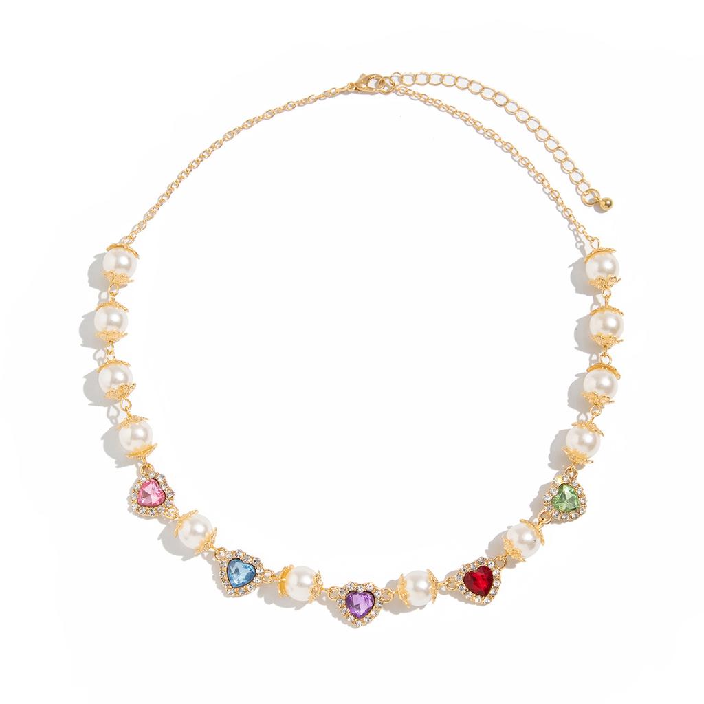 Hip-Hop Colorful Diamond Heart Pearl Splicing Necklace for Men Fashionable Personality Men's Collarbone Chain