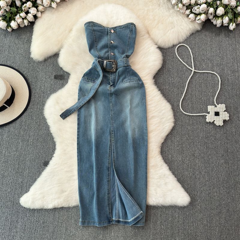 

Retro Denim Tube Top Dress Women s 2024 Summer New Arrival Fancy Tight Waist Bodycon Dress Long Skirt Sexy Skirt Blue L