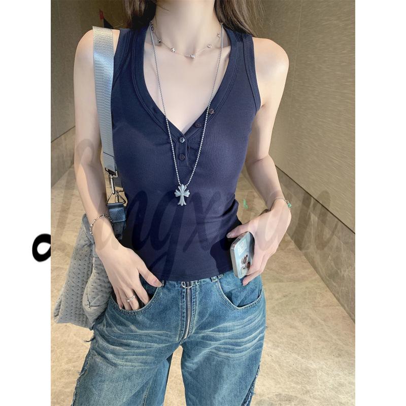 Korean Style V-neck Wide Shoulder Sleeveless Vest - Slimming, Versatile Spring/Summer Top Medium темно-синий
