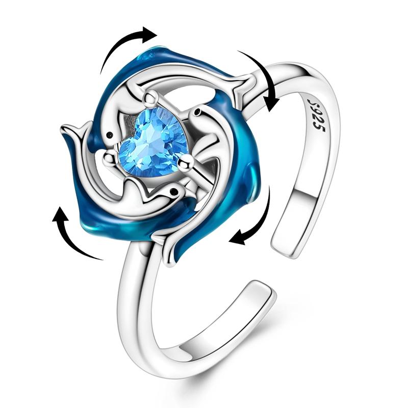

925 Sterling Silver Rotatable Dolphins Open Ring Cute Marine Animal Adjustable Fidget Ring Jewelry Gift for Women Girls resizable