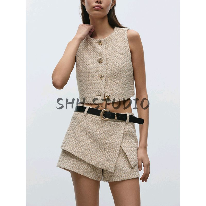 Metal Button Decorative Texture Round Neck Short Vest 2200130 with Belt Texture A- Line Skort 2201130